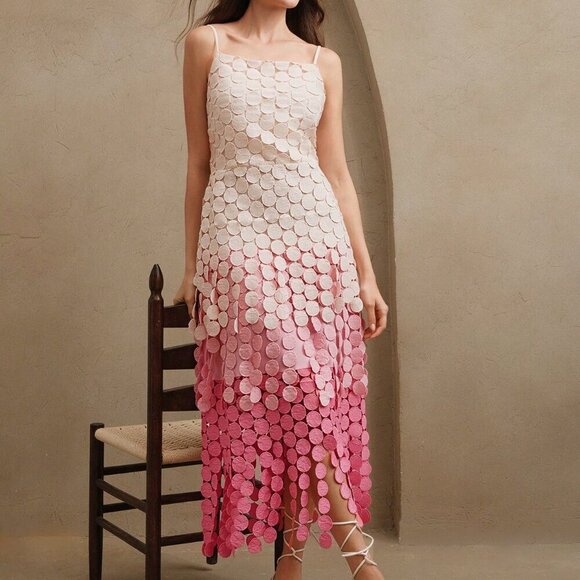 Pink Elegant Women's Round Tassel Hollow Out Embroidery High Waist Slip Dress - Picture 4 of 8